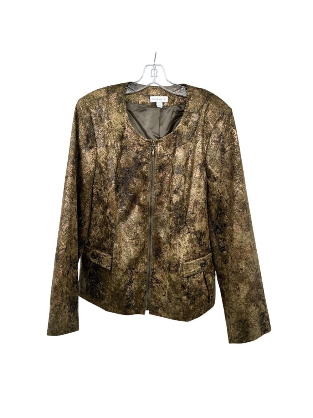 Susan Graver Womens Metallic Blazer Zip Up Gold/Multi Size Large Pockets